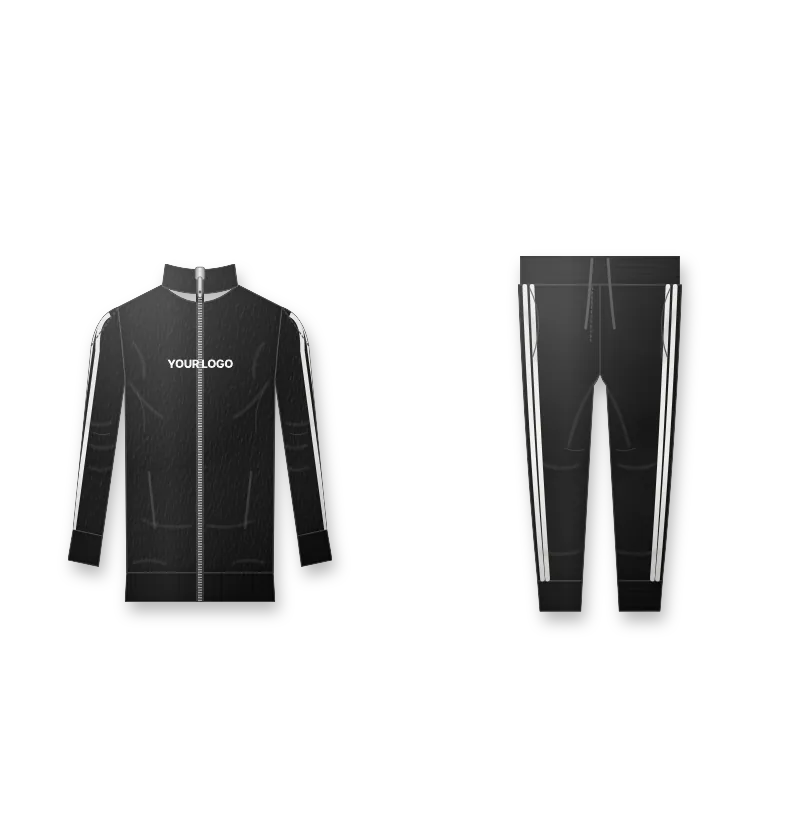 Women's fitted black zip tracksuit with white side stripes and white logo on the chest (front view, design mockup)