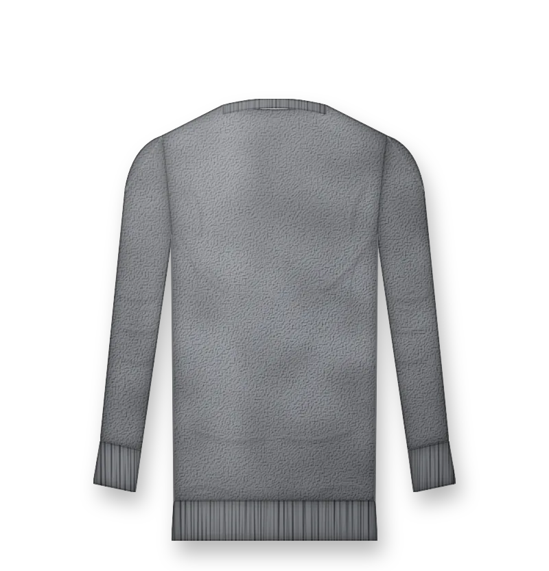 Women's fitted grey crewneck sweatshirt with navy embroidered logo on the chest (back view, design mockup)