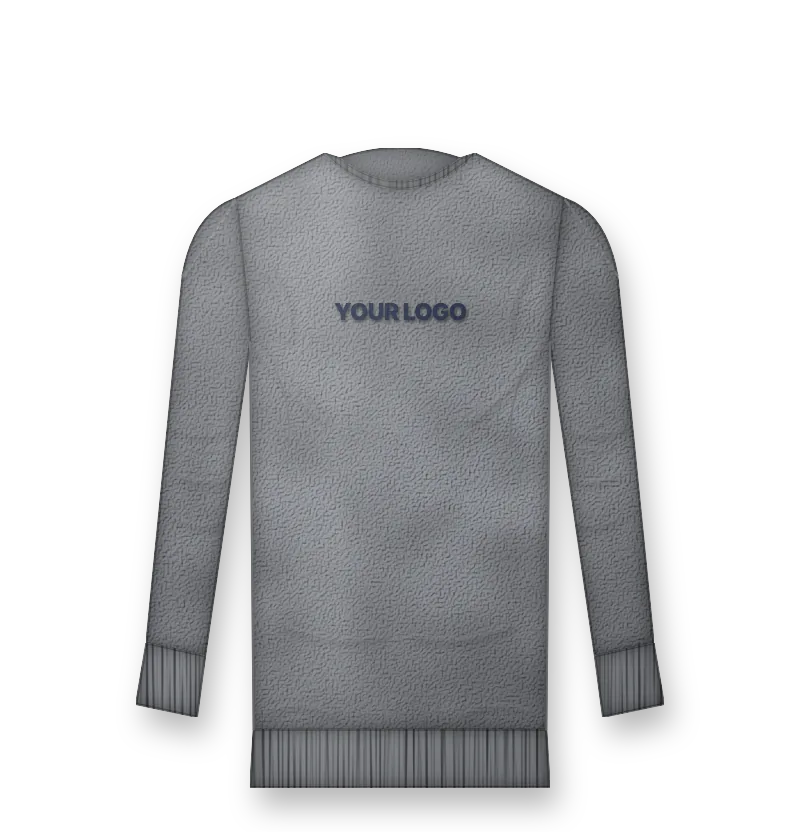 Women's fitted grey crewneck sweatshirt with navy embroidered logo on the chest (front view, design mockup)