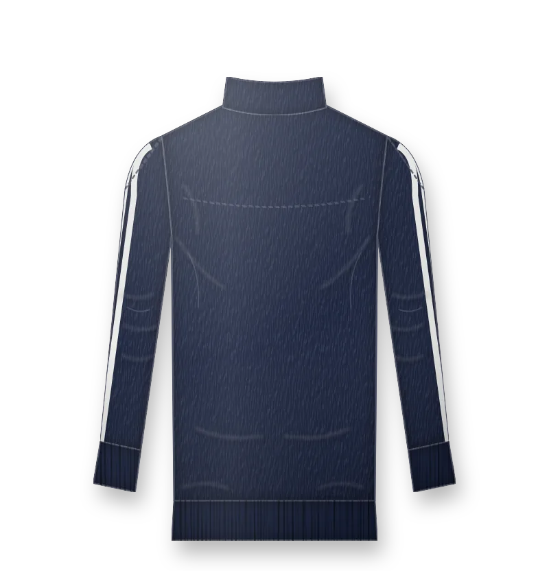 Women's fitted navy bomber jacket with white stripes and white logo on the left chest (back view, design mockup)