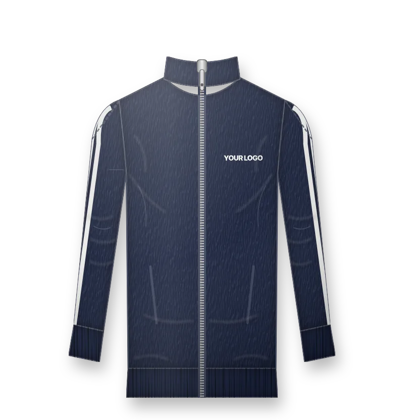 Women's fitted navy bomber jacket with white stripes and white logo on the left chest (front view, design mockup)