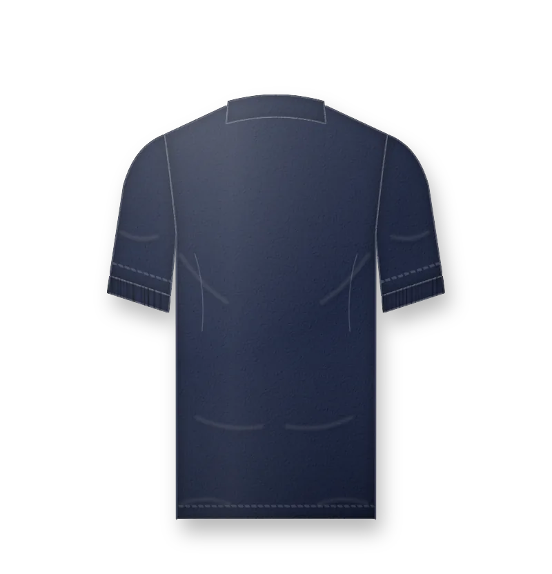 Women's fitted navy polo shirt with white embroidered logo on the left chest (back view, design mockup)