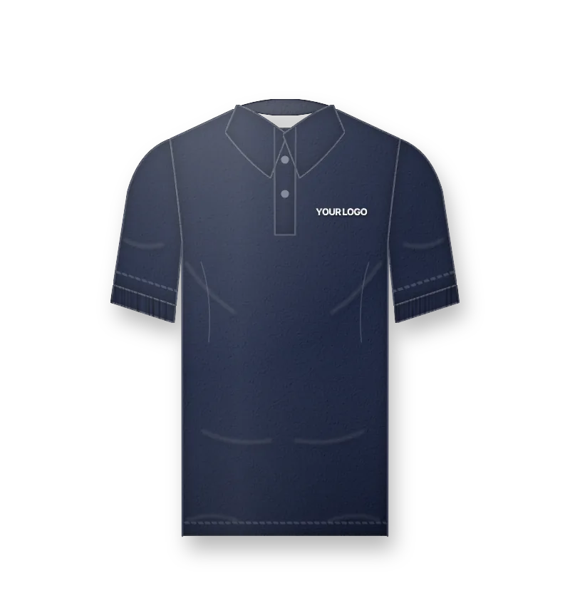 Women's fitted navy polo shirt with white embroidered logo on the left chest (front view, design mockup)
