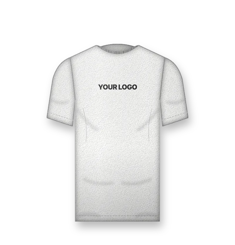 Women's fitted white t-shirt with black logo print on the chest (front view, design mockup)