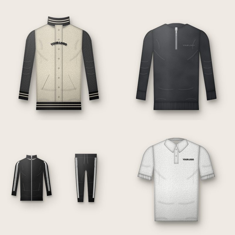 Examples of OEM custom apparel: varsity jacket, quarter-zip, joggers and polo